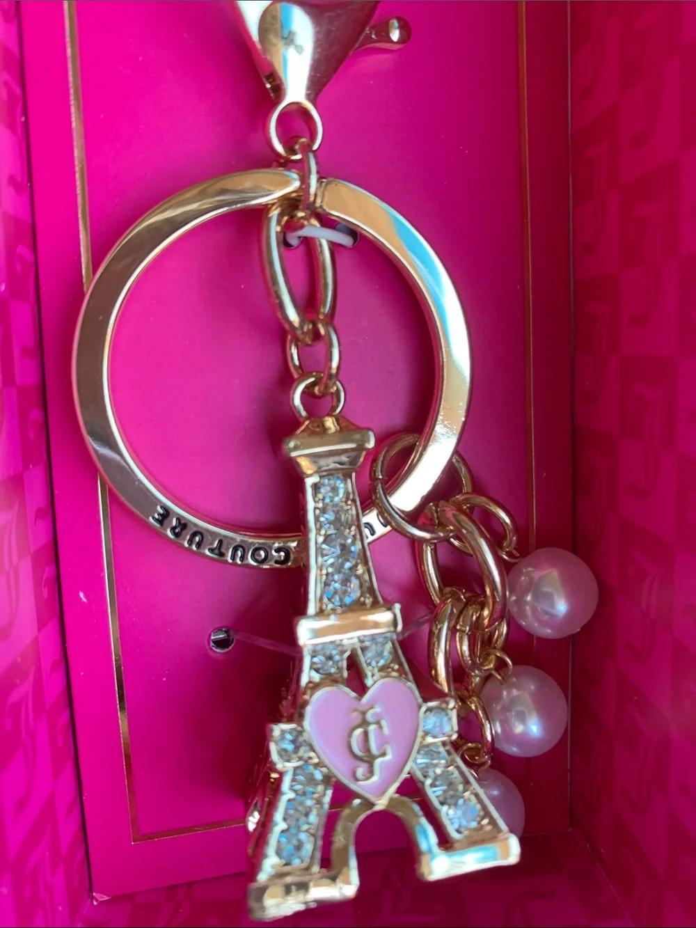 🆕- Juicy Couture Gold and Hot Pink Eiffel Tower Bag Charm & Key Holder Charm